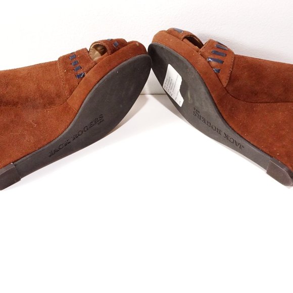 Jack rogers Brown Black Suede Leather WhipStitch Peep Toe Wedge Sandals Sz 6 - Picture 7 of 7